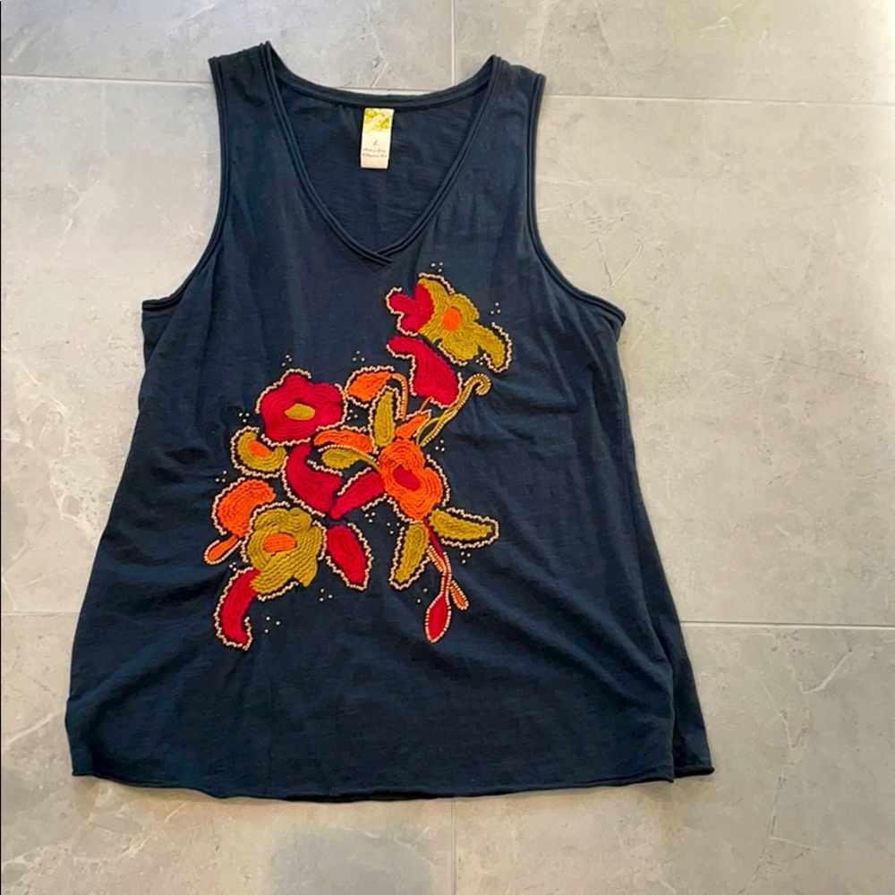 Blue Anthropology Tank Top With Flower Pattern